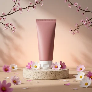 Pink cosmetic tube with spring flowers