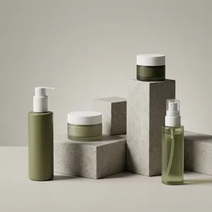 Minimalist green skincare on stone