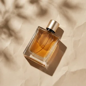 Warm amber fragrance flat lay