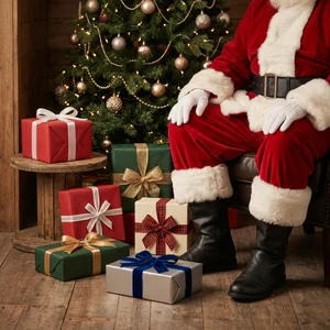 Santa with gifts on rustic wood