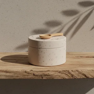 Minimalist skincare jar on wood