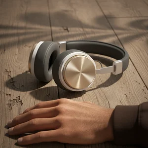 Modern headphones on wood