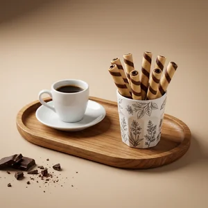 Coffee and wafer rolls on wooden tray