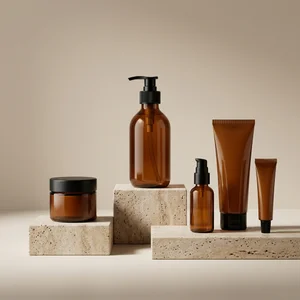 Amber skincare on travertine blocks