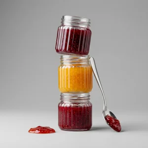 Stacked jam jars with floating spoon