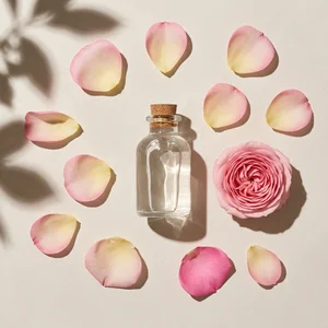 Rose petals and serum bottle