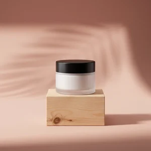 Natural skincare on wood podium