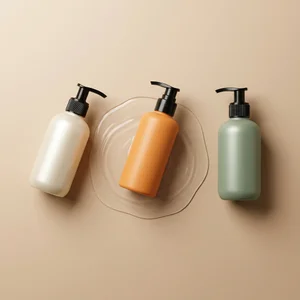 Modern skincare bottles on beige