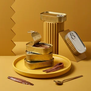 Modern canned anchovies on yellow