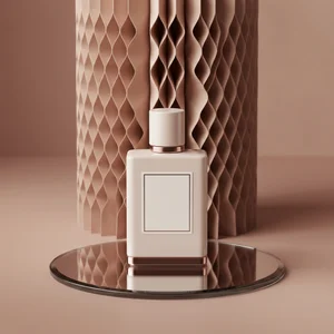 Modern perfume on mirror podium