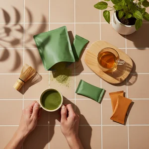 Refreshing matcha tea flat lay