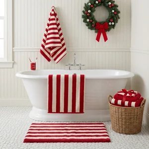 Festive striped bathroom scene