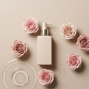 Elegant rose skincare flat-lay