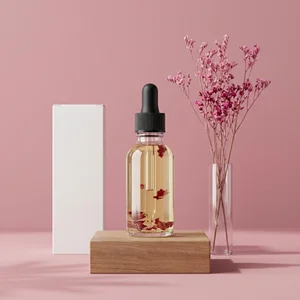Floral serum on wooden block
