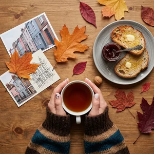 Cozy autumn tea time flatlay