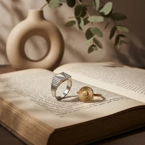 Rings on open book with shadows