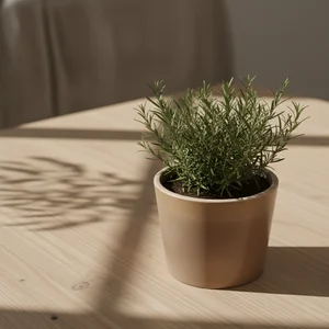 Sunlit plant on wooden desk