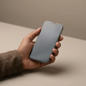Hand holding smartphone on beige