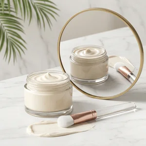 Elegant skincare on marble with mirror