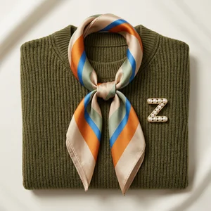 Silk scarf and pearl brooch on knit