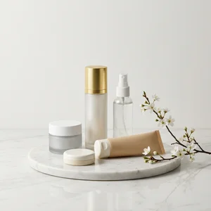 Elegant skincare on marble with blossoms