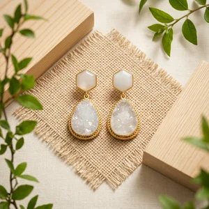 Natural druzy earrings on burlap