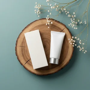 Natural skincare on wood slice