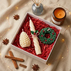 Christmas candle gift box flat-lay