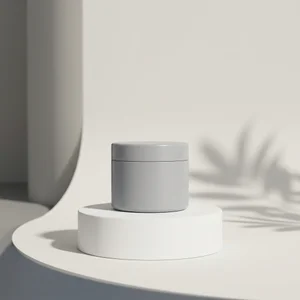Modern gray jar on white podium
