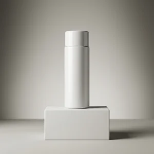 Minimalist bottle on white pedestal