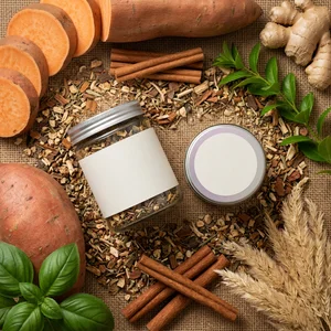 Artisan spice jars with fresh ingredients
