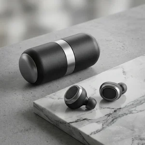 Modern earbuds on marble and concrete