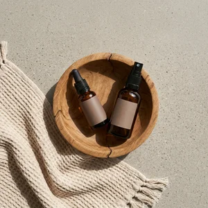 Organic skincare in wooden bowl