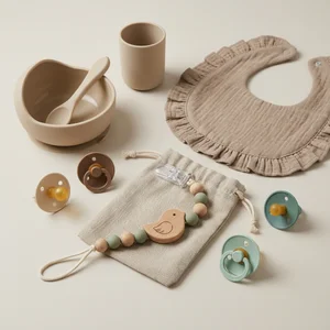 Neutral baby feeding and pacifier set