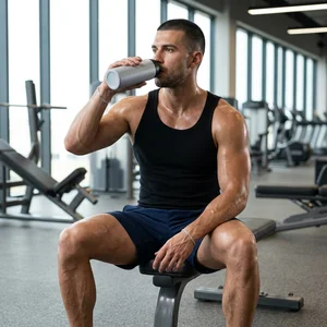 Man drinks from bottle in modern gym