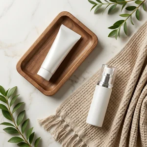 Natural skincare flat-lay on marble