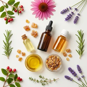 Natural herbal essential oils flat-lay