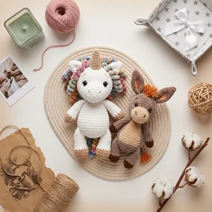Cozy crochet toys flat lay