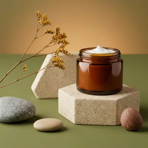 Natural skincare on stone pedestal