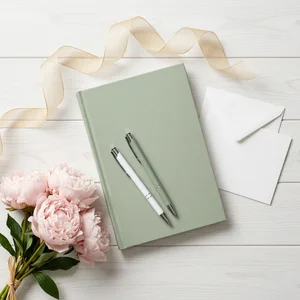 Elegant sage journal flat lay