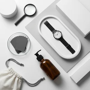 Minimalist flat lay with watch and bottle