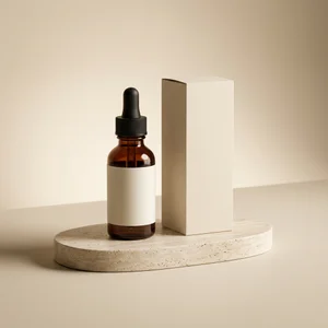 Minimalist serum on stone podium