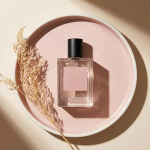 Modern perfume on pink plate