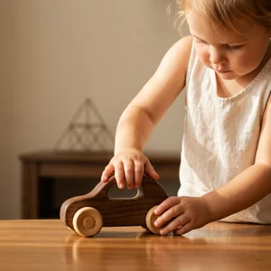 Child playing with wooden toy car