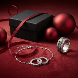 Festive silver jewelry on red velvet