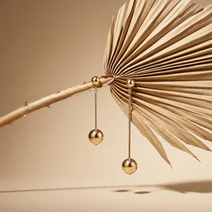 Gold earrings on dried palm leaf