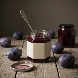Artisanal plum jam on rustic wood