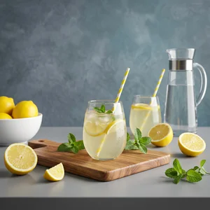 Fresh lemonade on wooden board
