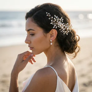 Bridal pearl hair piece on model