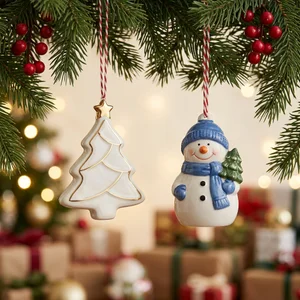 Ceramic ornaments on glowing tree